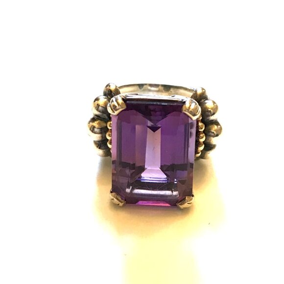 Lagos Glacier Caviar Emerald Cut Amethyst Ring Womens 6 Sterling Silver Gold XL - Picture 5 of 14